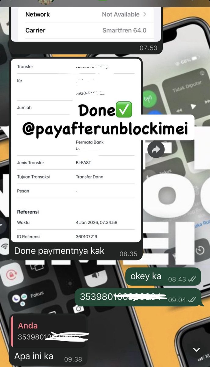 PAUIIMEI's tweet image. BISMILLAH,OPEN JASA UNLOCK UNBLOCK IMEI ALL OPERATOR &amp;amp; ALL TYPE PHONE UNBLOK IMEI AMANAH,BERGARANSI ✨
    •Tri Only
    •Bulanan
    •Beacukai
WA ME💖:wa.me/+6289525392822