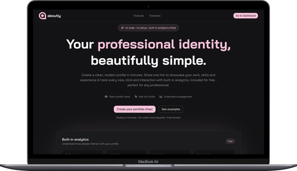 eimaam_d's tweet photo. launched aboutly @useAboutly yesterday.

it’s NOT just another portfolio site.

it’s a way to:
– have a professional presence without writing code
– stop managing hosting, themes, SEO, nonsense
– actually see who’s viewing your profile (analytics)

built for developers, designers, founders, freelancers - anyone serious about their work.

and yes, it’s free.

sign up now & change your link in bio to something professional ✌️

🔗 https://t.co/PrdTVtjZt4
