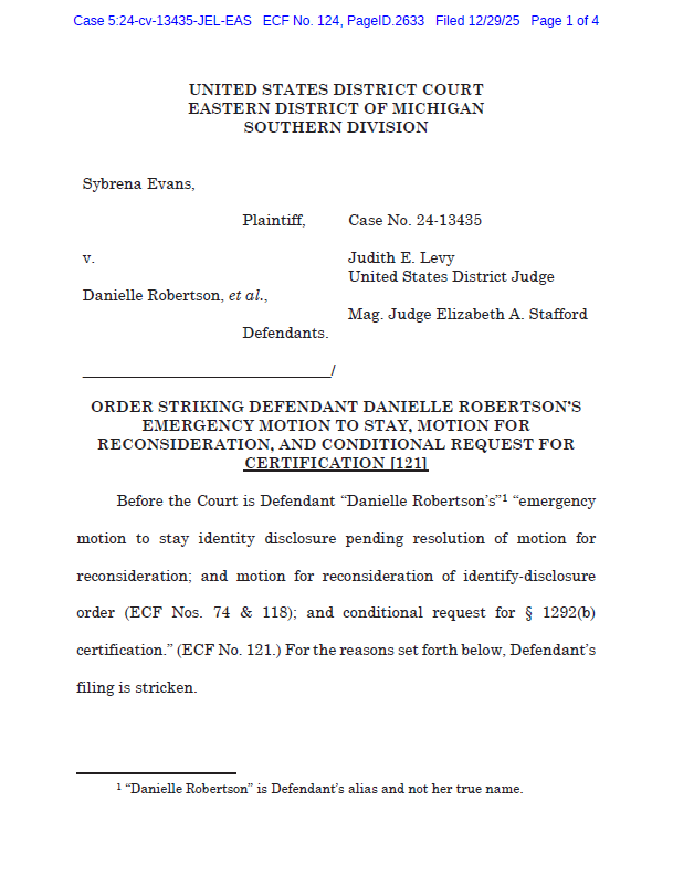 unwinewithteddy's tweet photo. Docket update — Case No. 5:24-cv-13435
The Court has ordered Defendant to file a written notice identifying her legal name and postal address by January 5, 2026.

(ECF No. 124, filed 12/29/2025) #unwinewithteddy https://t.co/k2LNc0DLDw