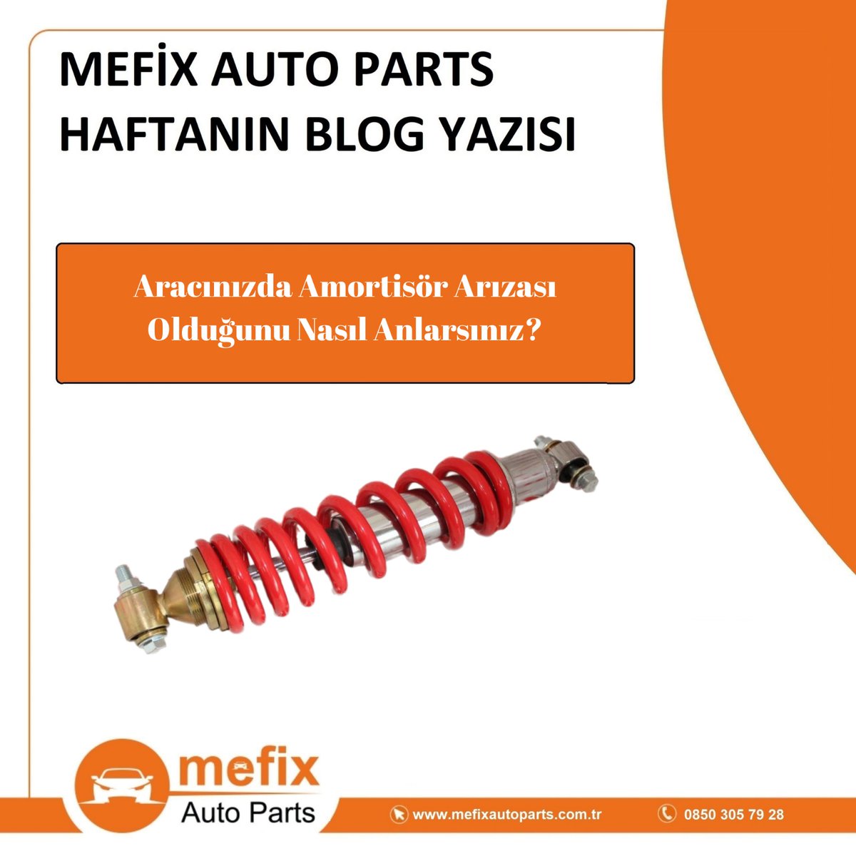 Amortisörleriniz sağlam olursa yol tutuşunuz güçlü, fren mesafeniz kısa ve sürüşünüz konforlu olur. 🚗
Arızalı amortisör ise güvenliği düşürür, değer kaybı yaratır. Zamanında değiştirin, güvenle yol alın!

📌 Blog yazımızı okuyunuz..

👉 mefixautoparts.com.tr/blog/icerik/ar…