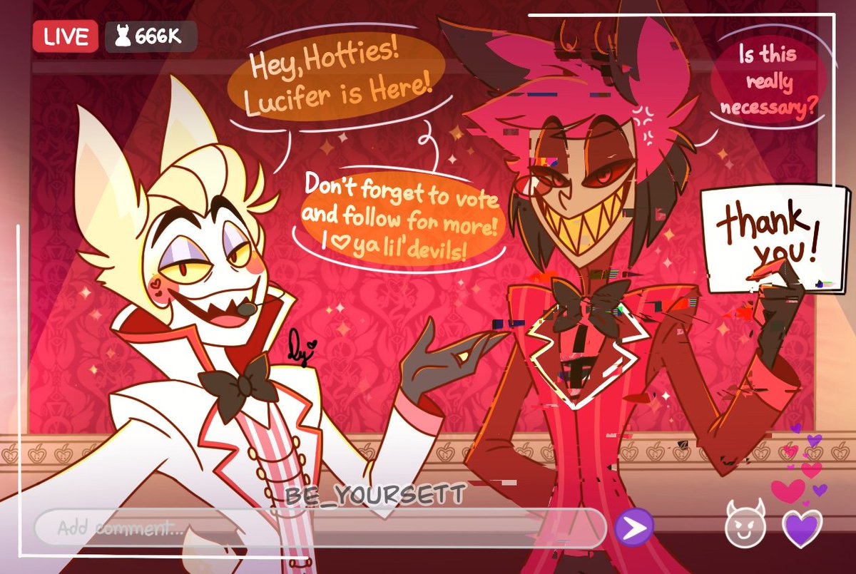 OnlyMooniezs's tweet image. RADIOAPPLE 'LOVE' STREAM!

Heh lil' devils~ 🍎📻
To celebrate reaching 1.3k, let's have some fun! You decide what I'll draw!
#radioapple #appleradio #LuciferMorningstar #LuciferxAlastor #Alastor #HazbinHotel 

(Luci forgot that Al is anti-camera XD)

Choose below! ♥️
