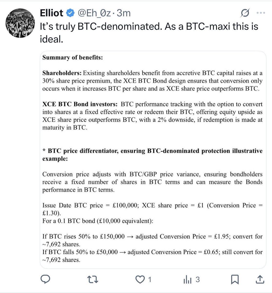 New UK BTCTC $XCE makes it first to market with a fully Bitcoin-denominated  convertible bond where the conversion price is set in bitcoin terms and  adjusts up and down with BTC price.