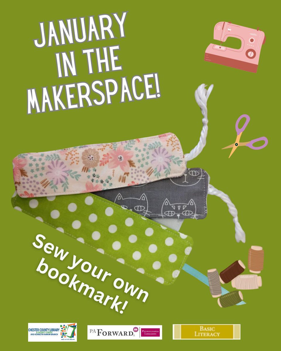 HankinLibrary's tweet photo. Sew your own bookmark in the Makerspace this month! All materials supplied. Registration is required. 

Please tap the link in our bio to schedule an appointment or call 610-344-4218. 

#HankinLibrary #PAForward #BasicLiteracy https://t.co/Apbm03kHRW