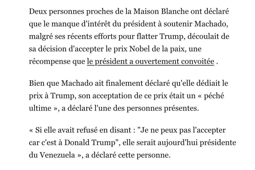 En quelques heures, on apprend dans le NYT et le WaPo que:

- Trump a potentiellement décidé de renverser Maduro après que ce dernier a dansé pour se moquer de lui.

- Trump n’a pas voulu donner le pouvoir à Machado car elle n’a pas voulu lui « offrir » son prix Nobel de la Paix.