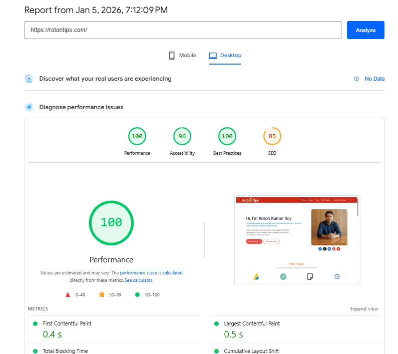 rotontips's tweet photo. 🚀 New Lighthouse report for https://t.co/Mw2Q7QD1kt

💯 Performance
♿ 96 Accessibility
✅ 100 Best Practices
🔍 85 SEO
Fast, clean, and built right.
Always optimizing 🚀
#WebDev #PageSpeed #SEO #Lighthouse https://t.co/UiMqDPxxYI