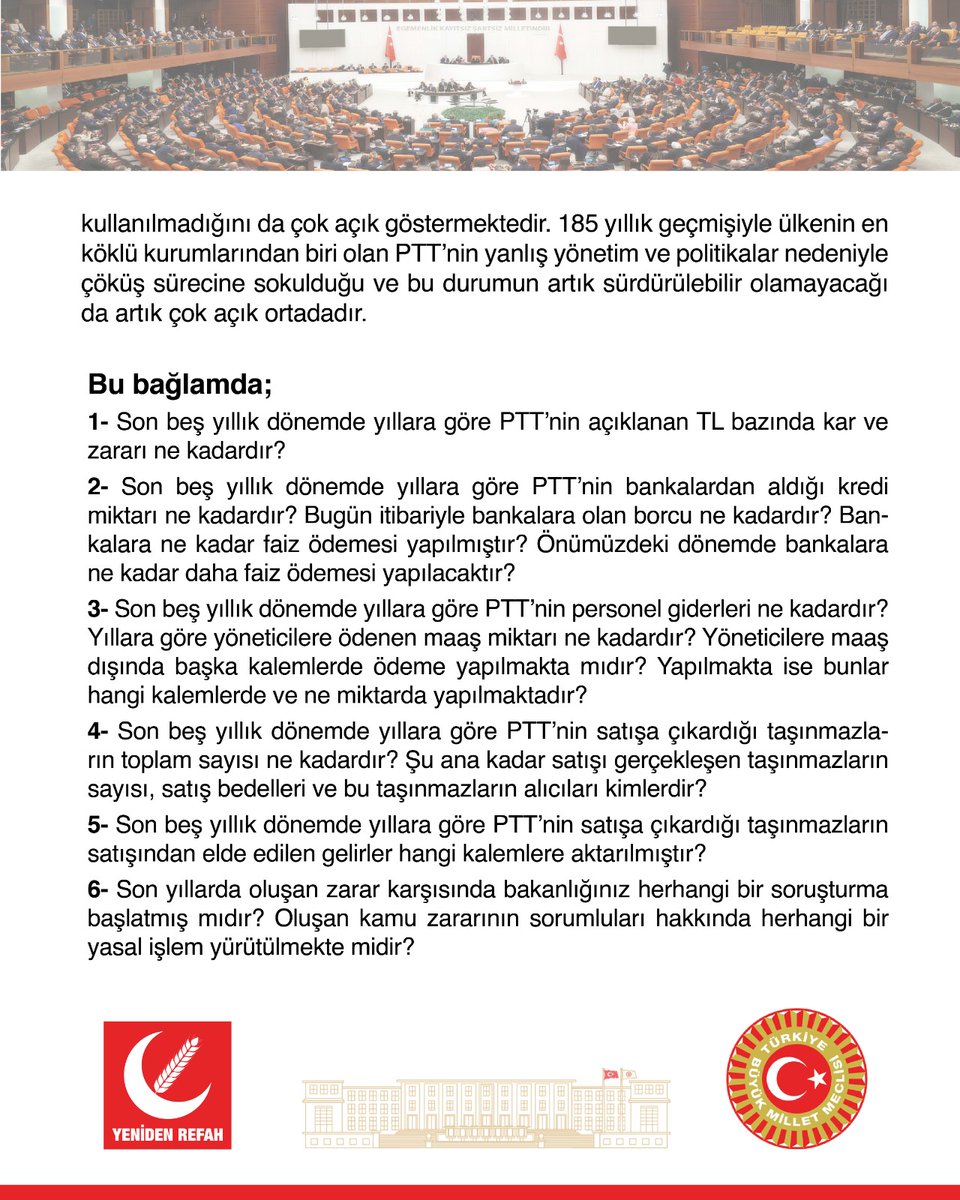 Posta ve Telgraf Teşkilatı Anonim Şirketi’nin mali açıdan zarar etmesine yönelik yazılı soru önergemiz Genel Başkan Yardımcımız ve İstanbul Milletvekilimiz Doğan Bekin tarafından TBMM’ye sunulmuştur.