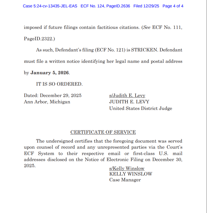 unwinewithteddy's tweet photo. Docket update — Case No. 5:24-cv-13435
The Court has ordered Defendant to file a written notice identifying her legal name and postal address by January 5, 2026.

(ECF No. 124, filed 12/29/2025) #unwinewithteddy https://t.co/k2LNc0DLDw