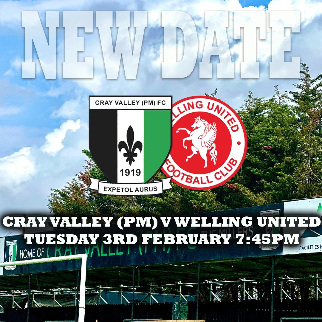 CrayValleyPM's tweet image. The rearranged date for our home fixture against @wellingunited has been confirmed.

🗓️ Tuesday 3rd February 7:45PM
📍 The Artic Stadium

🎟️ All existing tickets have been refunded and a new ticket will be required for the rearranged game

#WeAreSE9 🟢⚫