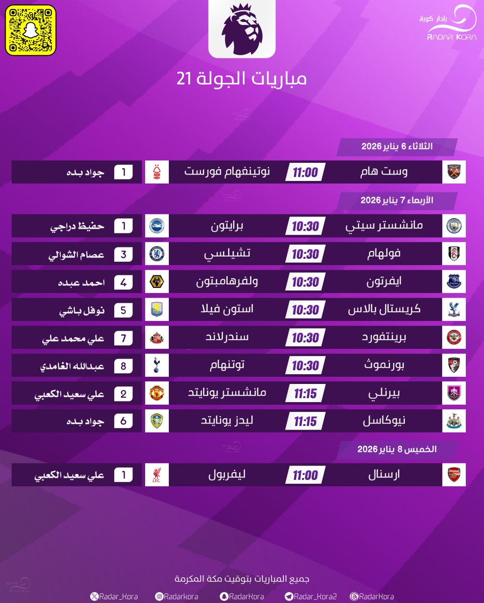 🏴󠁧󠁢󠁥󠁮󠁧󠁿 || الدوري الانجليزي   

⚽️ - مباريات الجولة 21