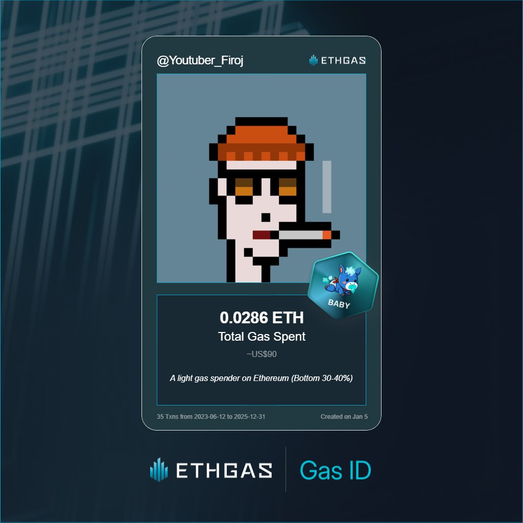 Leveled up in the Great Gas Reckoning with ETHGas! 💪

Baby Jack status: 0.0286 ETH gas spent, 12 Beans earned—supporting the Gasless Future!

Claim your Gas ID at ethgas.com/community/gas-…
