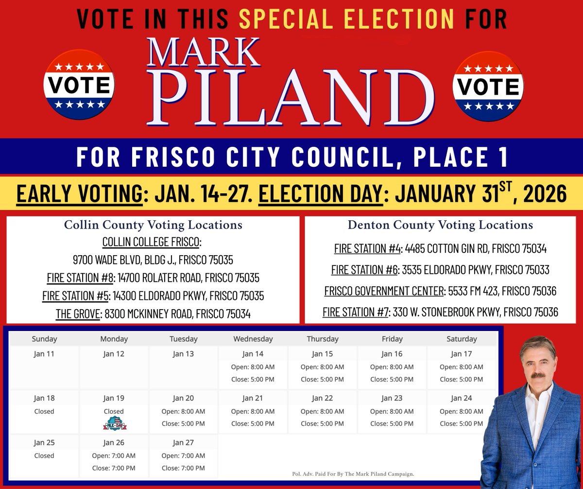 MarkForFrisco's tweet photo. Plan out your January! Plan to vote! Vote for Mark Piland! https://t.co/ec03NBQwOf