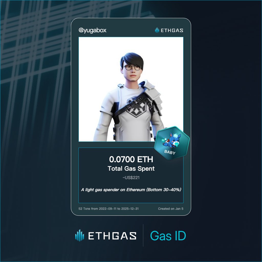 Leveled up in the Great Gas Reckoning with ETHGas! 💪

Baby Jack status: 0.07 ETH gas spent, 16 Beans earned—supporting the Gasless Future!

Claim your Gas ID at ethgas.com/community/gas-…