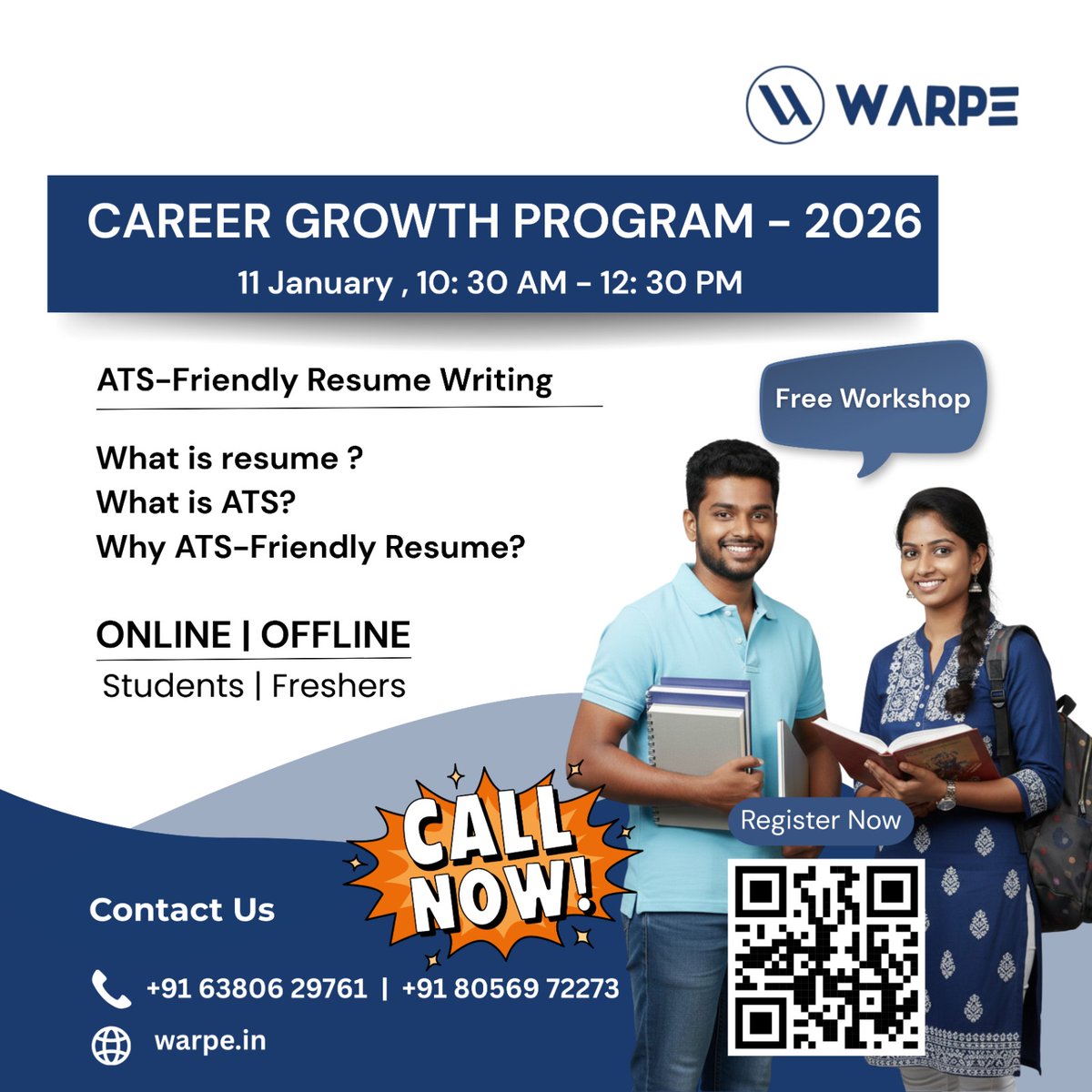 warpe_IN's tweet photo. Register Now  https://t.co/Dv0wDb0XOp  Career Growth Program 2026
Join our FREE ATS-Friendly Resume Writing Workshop and learn how to create resumes that get shortlisted by recruiters and ATS systems.
 11 Jan |  10:30–12:30
 Students &amp; Freshers
 #ResumeWriting #ATSResume  #WARPE https://t.co/XqorSkoMZv