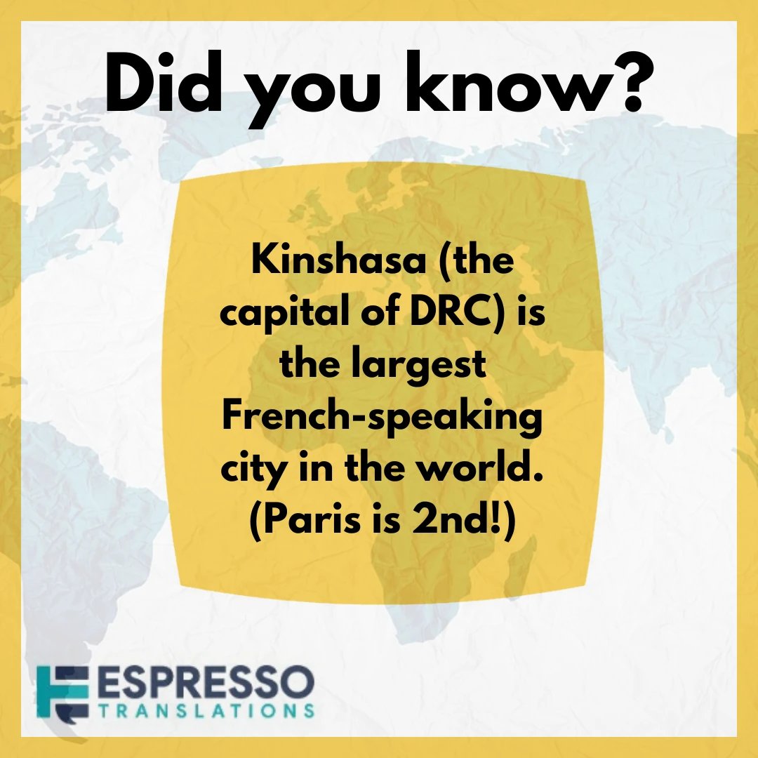 Did you know? Paris isn't the largest French-speaking city in the world! It's Kinshasa, the capital of the Democratic Republic of Congo. 

espressotranslations.com   

#translation #translationservices #languageservices