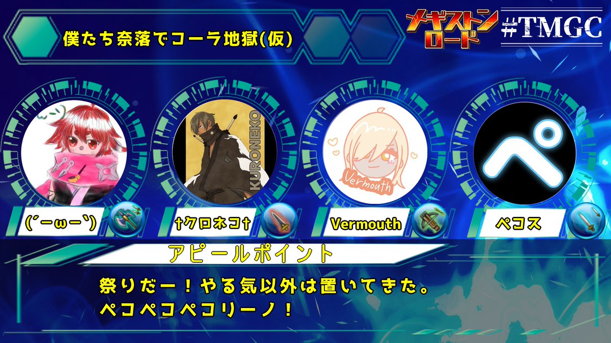 NoiRgames96's tweet image. 【トーラム】
参加チームの紹介！
顔文字さん、クロネコさんは
第二大会ぶりの参加！！
今大会での結果はどうなるのか楽しみです！

＃トーラム　＃TMGC