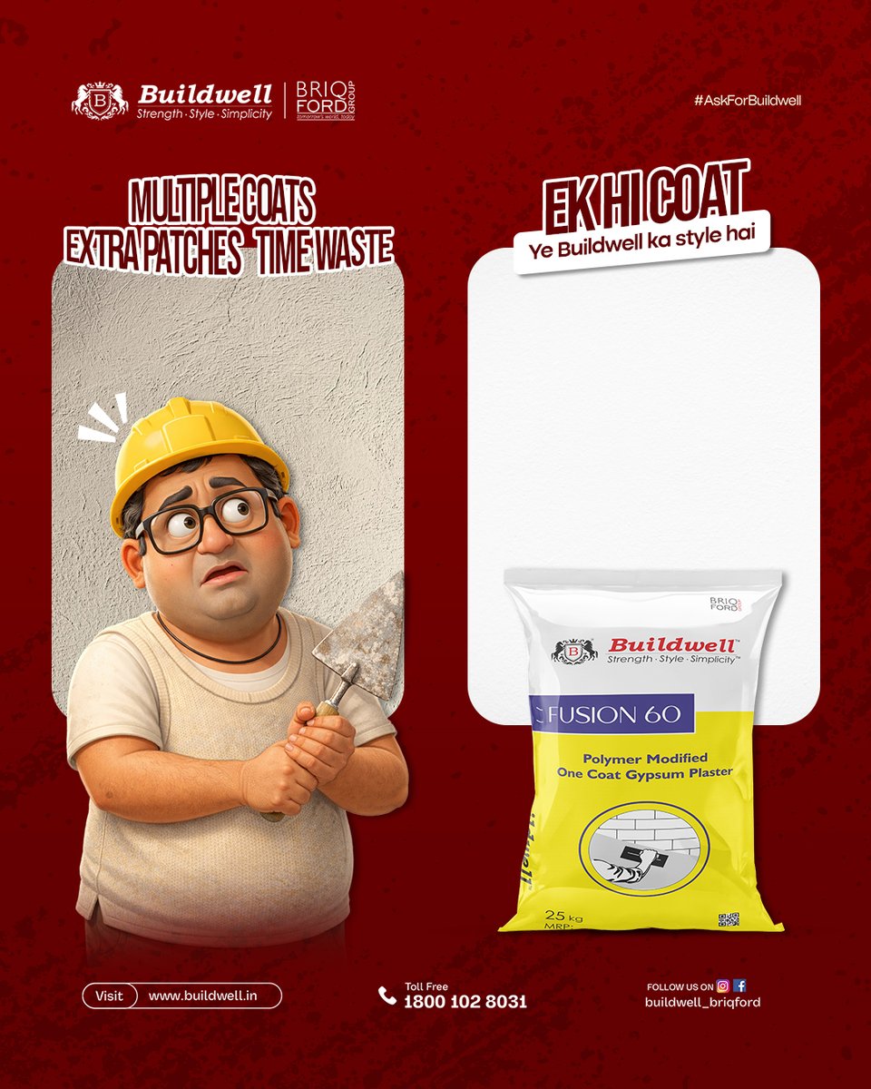 buildwell_india's tweet image. Multiple coats, extra patches, time waste? ❌
Ek hi coat, clean finish, zero headache. ✅
Ye Buildwell ka style hai.
#AskForBuildwell #OneCoatPlaster #Buildwell