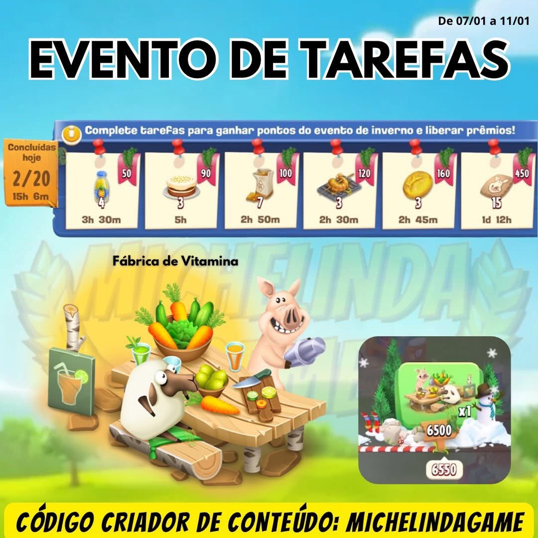 ✨ EVENTO DE TAREFAS

Teremos o evento do dia 07/01 a 11/01. Completando 20 tarefas vamos ganhar recompensas como Caixa de Escolha e decoração exclusiva: Fábrica de Vitaminas.

Animados para o próximo evento? #hayday
