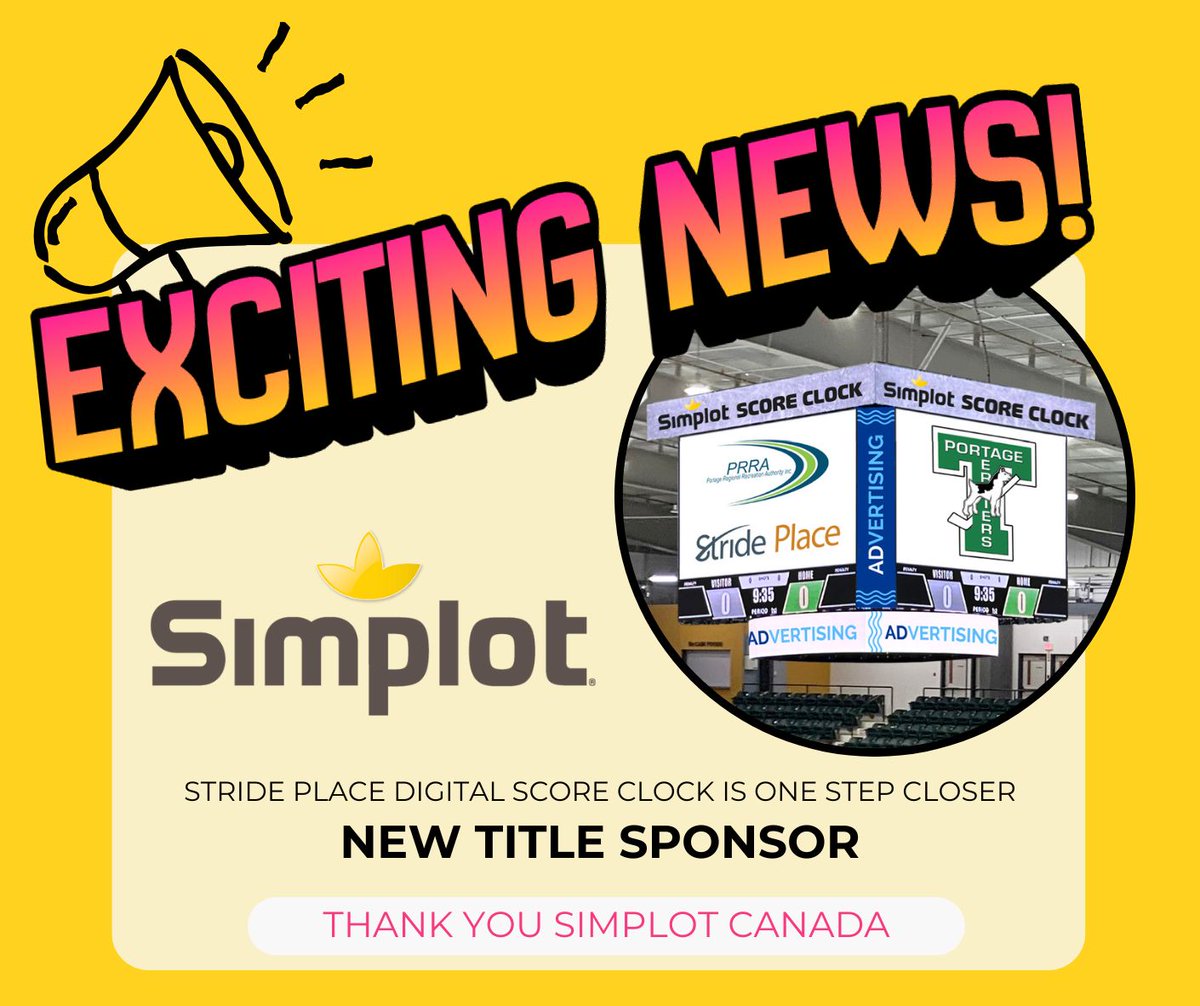 PortageTerriers's tweet photo. BIG NEWS! 📷 Simplot Canada has secured the naming rights for the new score clock as the title sponsor!
Thank you, Simplot Canada for jump starting the project! 📷
#CommunityFirst #SimplotCanada #PortageTerriers #PRRA
FULL NEWS RELEASE HERE 📷 https://t.co/LefKqXeZYA https://t.co/FTT6pYF5Zs