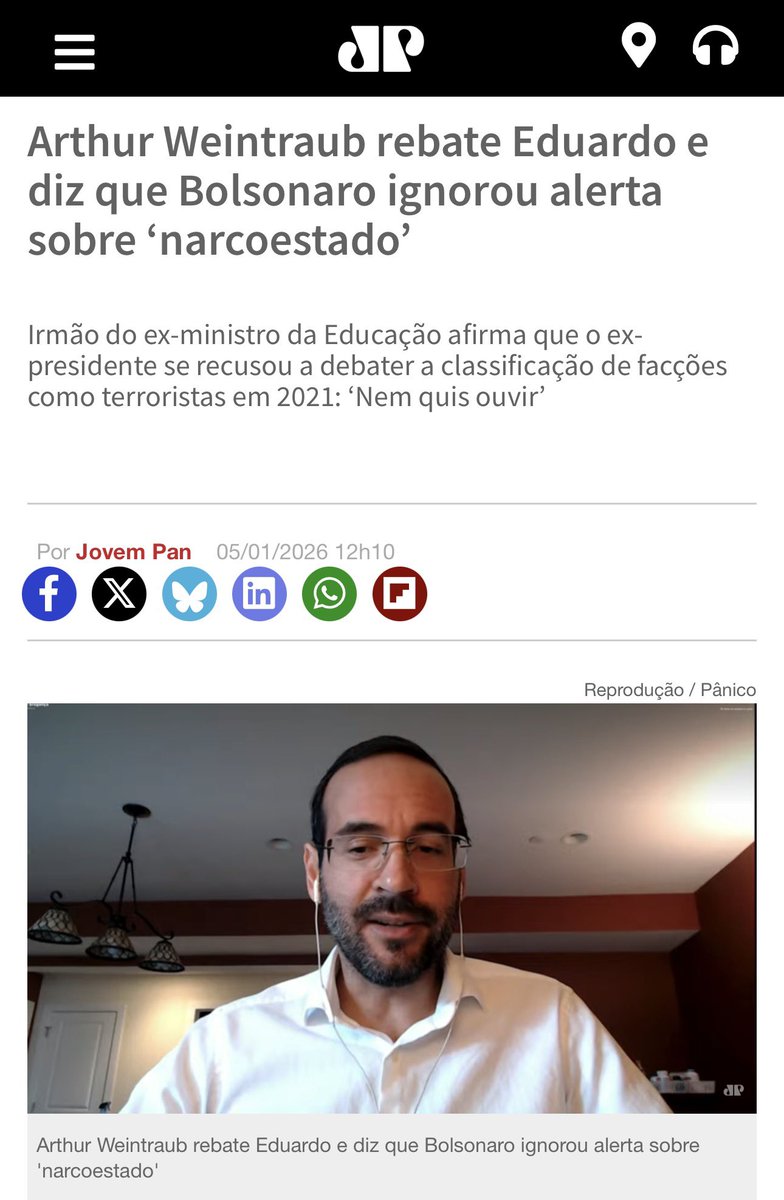 {“Eu cheguei a falar com ele sobre narcoestado em 2021. Nem quis ouvir”, afirmou o ex-assessor. Arthur encerrou a postagem com uma provocação direta ao clã Bolsonaro: “Vocês só mentem. Se chorar, manda áudio”.}

jovempan.com.br/noticias/polit…