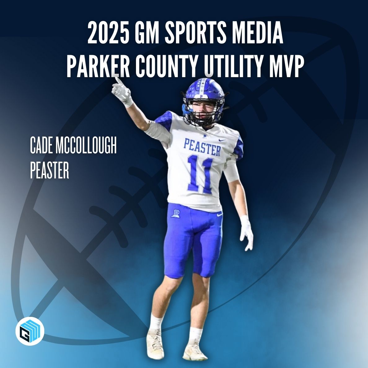 INTRODUCING THE 2025 GM SPORTS MEDIA PARKER COUNTY FOOTBALL UTILITY PLAYER OF THE YEAR

CADE MCCOLLOUGH | 2026 | PEASTER

⭐️2nd straight PC UTIL POTY award
⭐️District Utility MVP
⭐️798 yards receiving, 12 TDs
⭐️17.7 yards per catch
⭐️30 tackles, 2 TFL, 1 FR, 2 INTs
⭐️17 field