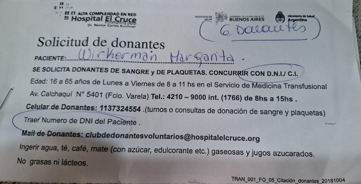 Chicos por primera vez tengo q pedir algo para mí 🤦🏻‍♀️
Me operan el viernes y me piden donantes de cualquier grupo y factor.
Es en el Hospital El Cruce Néstor Kirchner, en Florencio Varela. 
A mí nombre y DNI 16.171.349

Gracias de antemano si me ayudan a difundir!!! 🙌🏻❣️