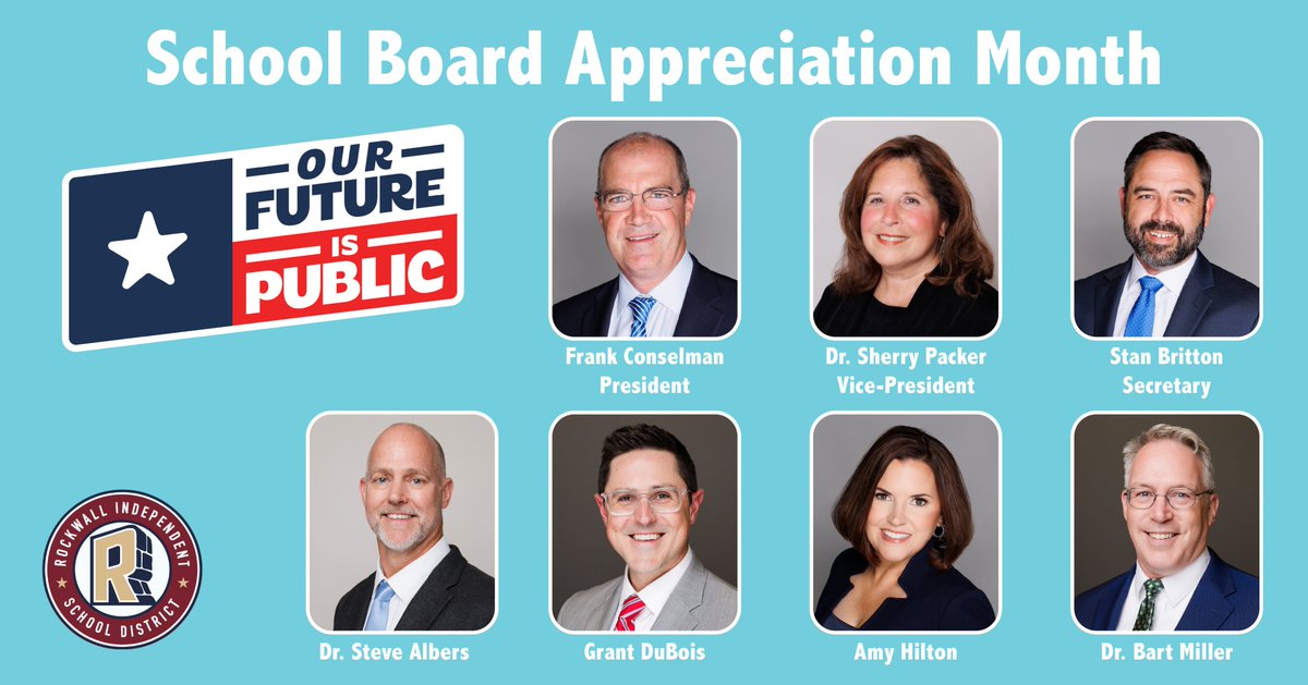 rockwallschools's tweet photo. January is School Board Appreciation Month, and we’re proud to recognize our Rockwall ISD Board of Trustees for their dedication, leadership, and commitment to our students, staff, and community. Thank you for the countless hours you dedicate to supporting public education and helping shape the future of our District.