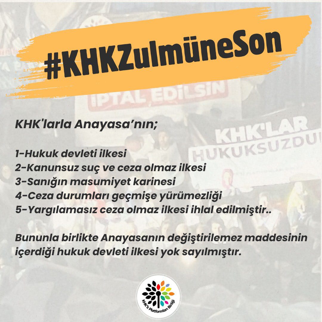 Hukukun üstünlüğü, hiçbir koşulda olağanüstü dönem gerekçeleriyle askıya alınamaz. 

KHK mağduriyetleri karşısında sürdürülen sessizlik adaletsizliği kalıcılaştırmaktadır. 

Bağımsız ve tarafsız bir yargı, hukuk devletinin vazgeçilmez ve ertelenemez teminatıdır.
#KHKZulmüneSon