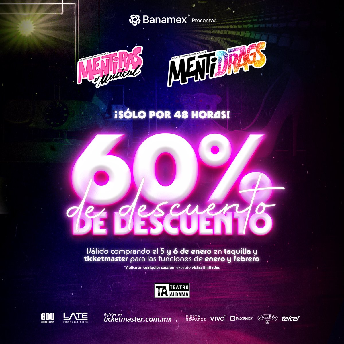 ¡El día de reyes se adelantó! 🎉🎁

Aprovecha el 60% de descuento para #MentirasElMusical y #MentiDrags, ¡SOLO POR 48 HORAS! 🎶💋

Es válido en taquillas del Teatro Aldama y en en <a href="/Ticketmaster_Me/">Ticketmaster México</a>: ticketmaster.com.mx/explore/aldama…