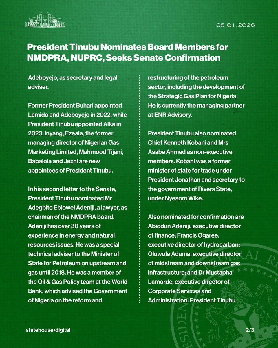 NGRPresident's tweet image. President Tinubu Nominates Board Members for NMDPRA, NUPRC, Seeks Senate Confirmation.

@asovilladigital | @officialABAT