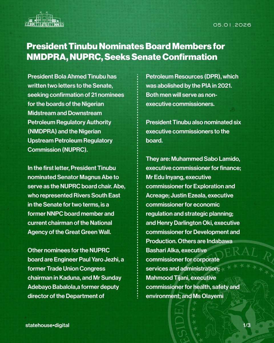 NGRPresident's tweet image. President Tinubu Nominates Board Members for NMDPRA, NUPRC, Seeks Senate Confirmation.

@asovilladigital | @officialABAT