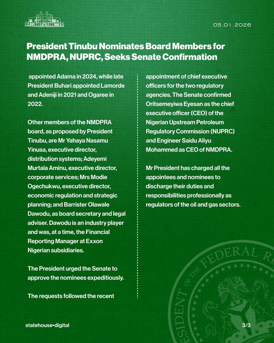 NGRPresident's tweet image. President Tinubu Nominates Board Members for NMDPRA, NUPRC, Seeks Senate Confirmation.

@asovilladigital | @officialABAT
