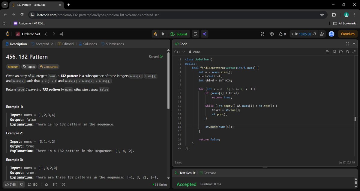 _a_m_i_t_1's tweet photo. Day 532 of #600DaysOfCode

Solved the 132 Pattern problem today. Implemented an efficient O(n) solution using a monotonic stack. https://t.co/07zAjfPbi5