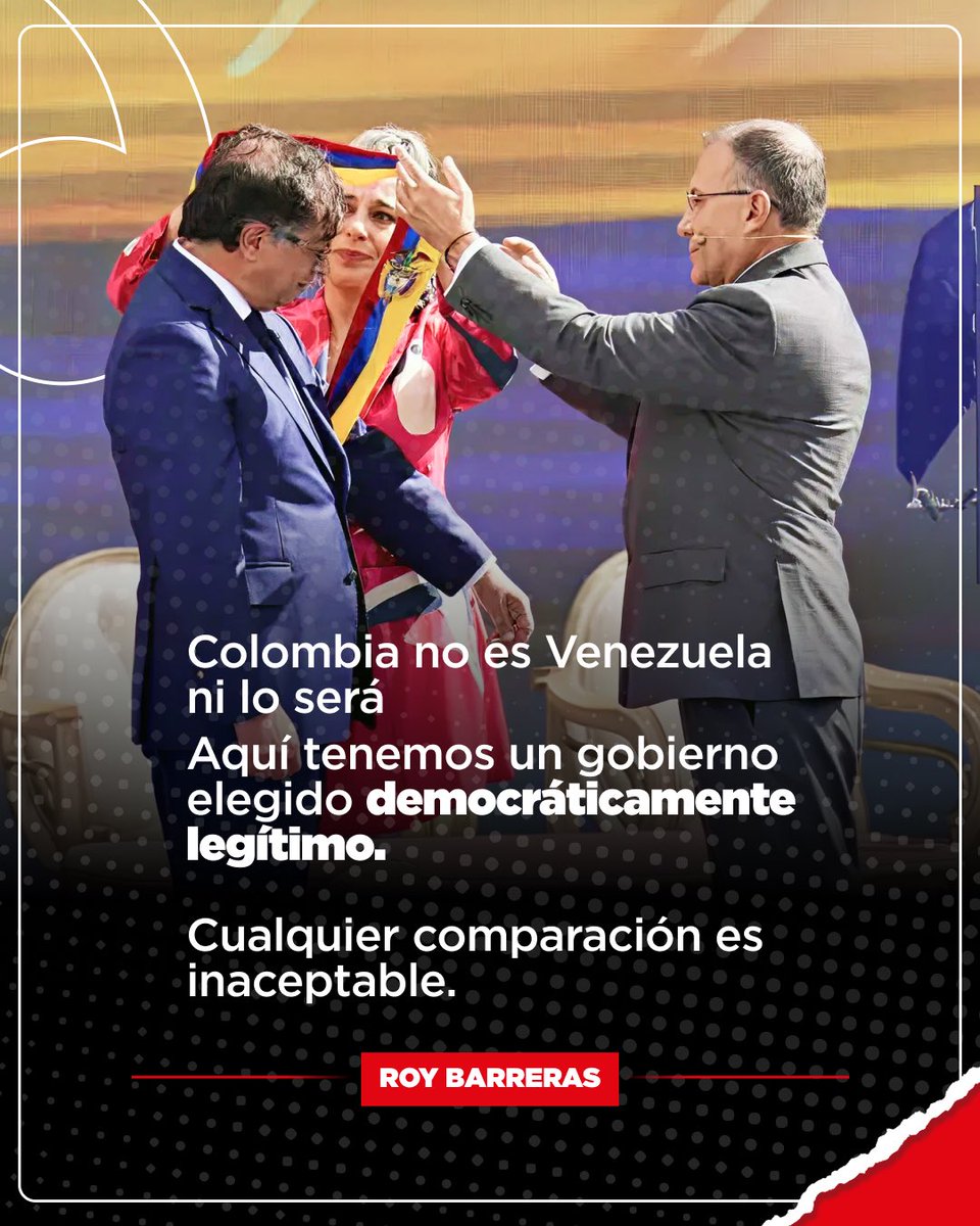 RoyBarreras's tweet photo. Colombia no es patio trasero de nadie.

Nuestra democracia se defiende con votos, no con amenazas ni injerencias externas.

#RoyPresidente #PactoAmplio #VotaRoyPresidente https://t.co/DOrE7XM0jW