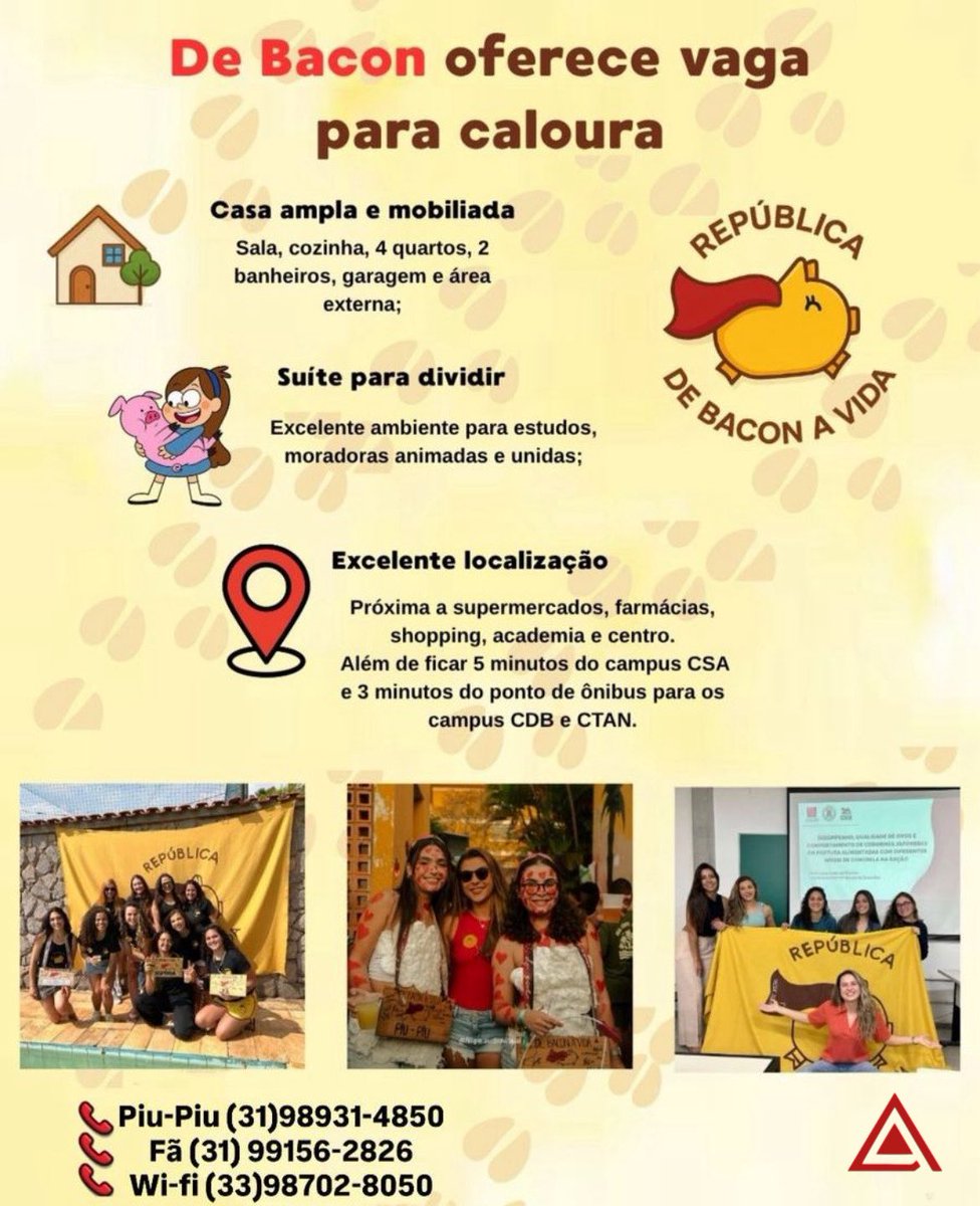 repdebaconavida's tweet photo. Ei caloura, parabéns pela aprovação na UFSJ! 💛
A República De Bacon A Vida está com vaga aberta, venha nos visitar e fazer parte da nossa história! 🐷 https://t.co/pQ9vJxC2Qy