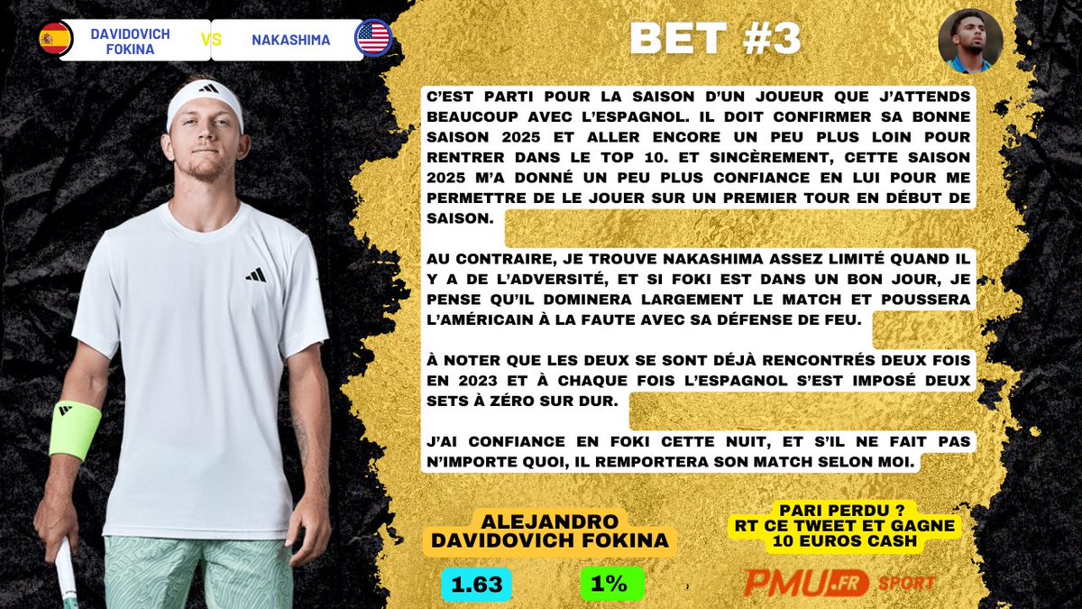 Lucho_Tennis's tweet photo. BET #3🤵‍♂️

📍ATP Brisbane 🇦🇺 

🇪🇸 Alejandro Davidovich Fokina @ 1.63 - 1%

📊 Voici le bet + l’analyse ✅

🔥 100€ offerts : https://t.co/tnurlcQ3Qd

♻️ RT : 10€ CASH OFFERTS SI C’EST PERDANT

➡️ 10€ SUPPLÉMENTAIRE si tu es dans le PASS

GL 🍀

LIKE si tu suis ❤️

#TeamParieur https://t.co/c7nyEz6Lqp