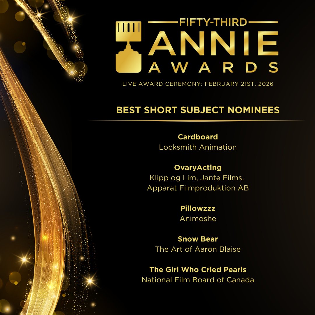 AnnieAwards's tweet image. Congratulations to the 53rd Annie Awards Nominees for Best Short Subject!

To learn more, visit annieawards.org

#annieawards #53rdannieawards