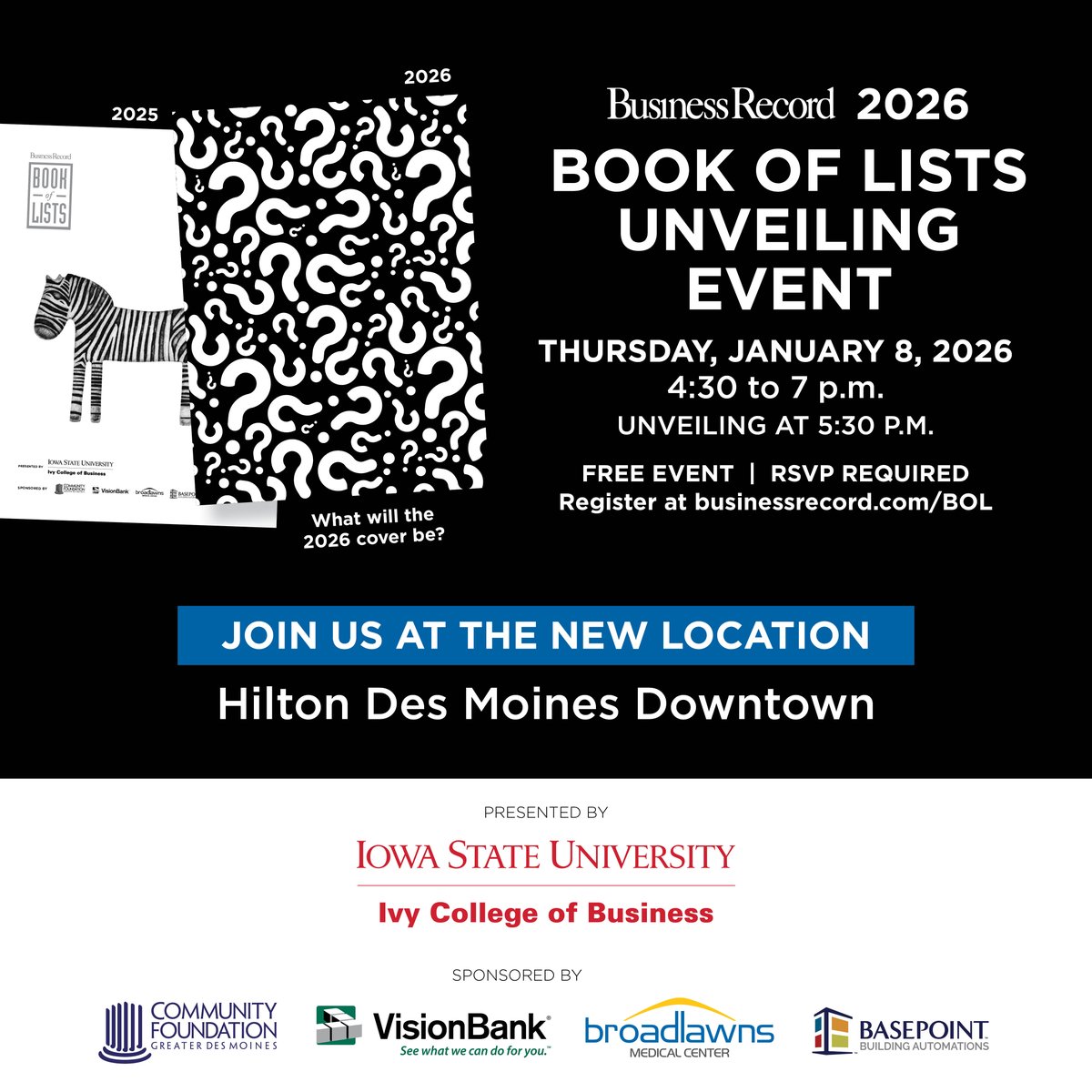 This is the first MUST attend event of the new year and you don't want to miss it. Join us this year in a NEW LOCATION at Hilton Des Moines Downtown and receive a copy of the new 2026 Book of Lists! The event is free and open to the public with RSVP. ow.ly/1n5T50XAYeY