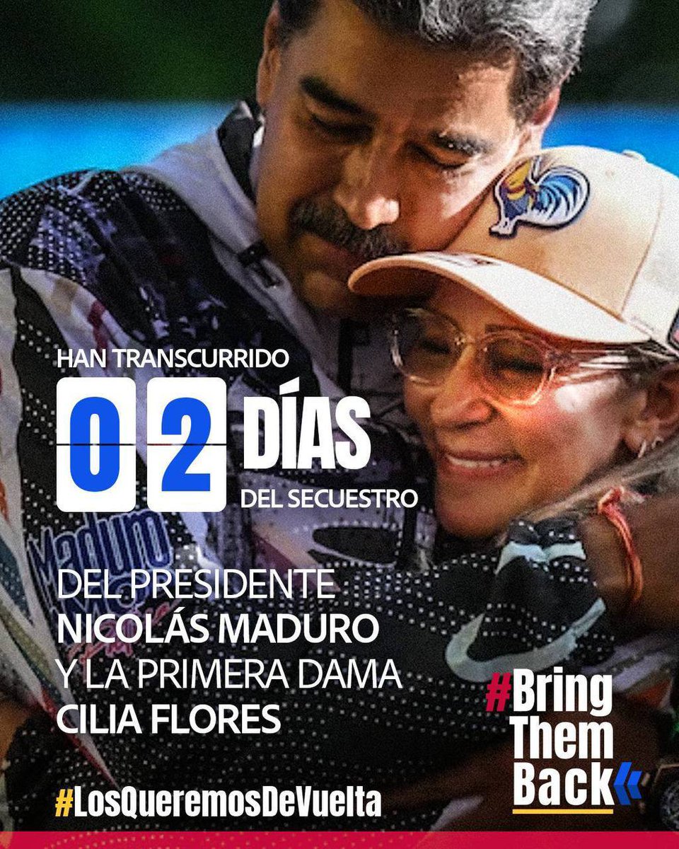 Han transcurrido 02 días del secuestro del Presidente Nicolás Maduro y la Primera Dama Cilia Flores
Vil secuestro por parte de Estados Unidos violando los principios de la Carta de la ONU Derecho Internacional y su inmunidad como jefe legítimo del Estado Venezolano
#BringThenBack