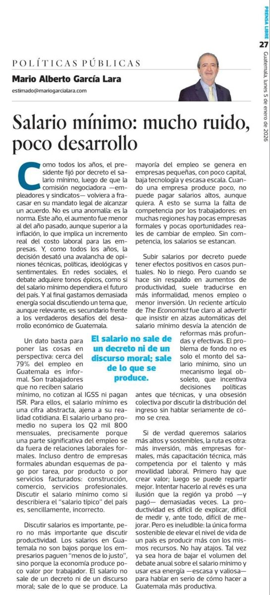 Salario mínimo: ~Q4,000.
79% del empleo es informal.
Salario promedio: ~Q2,800.
Pero seguimos discutiendo el salario mínimo como si fuera el salario típico.
Algo no cuadra. Columna de hoy en <a href="/prensa_libre/">Prensa Libre</a>.
mariogarcialara.com/columnas/salar…
