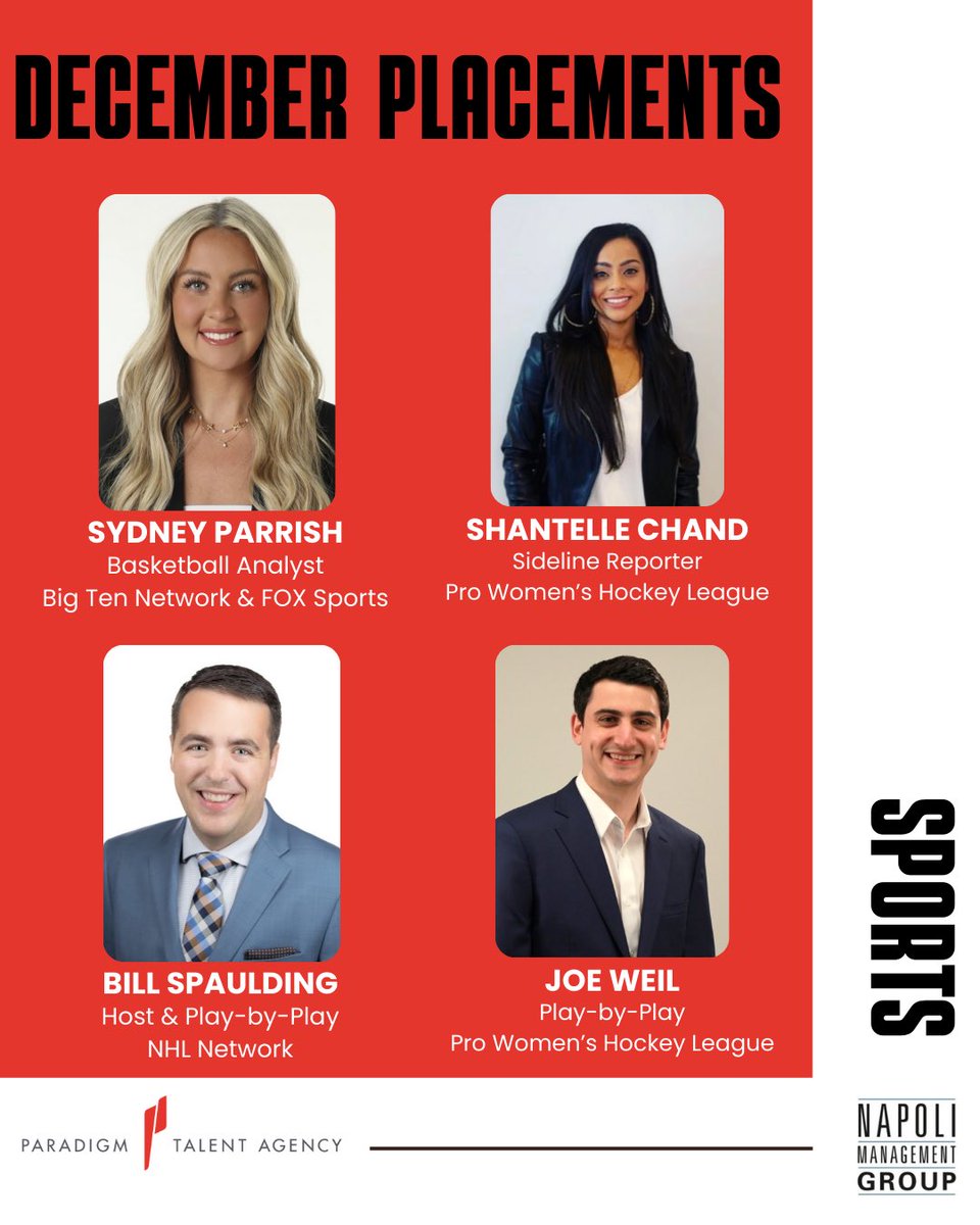 NapoliMGMT's tweet image. New faces in new places! Congratulations to our Sports clients who started new jobs in December!⭐️🎥