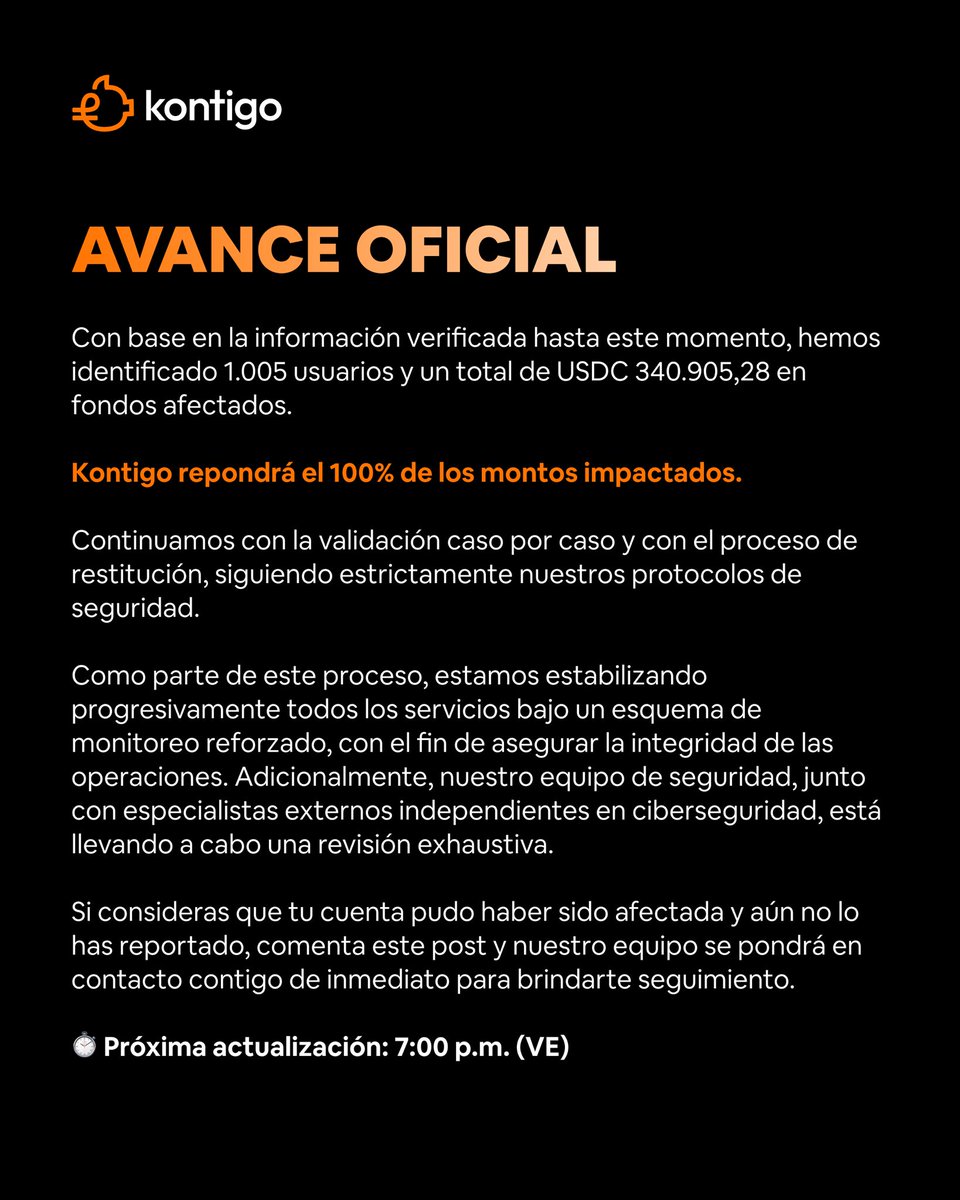 kontigo_app's tweet image. Avance Oficial: Kontigo repondrá el 100% de los montos impactados.

⏱ Próxima actualización: 7:00 p.m. VE