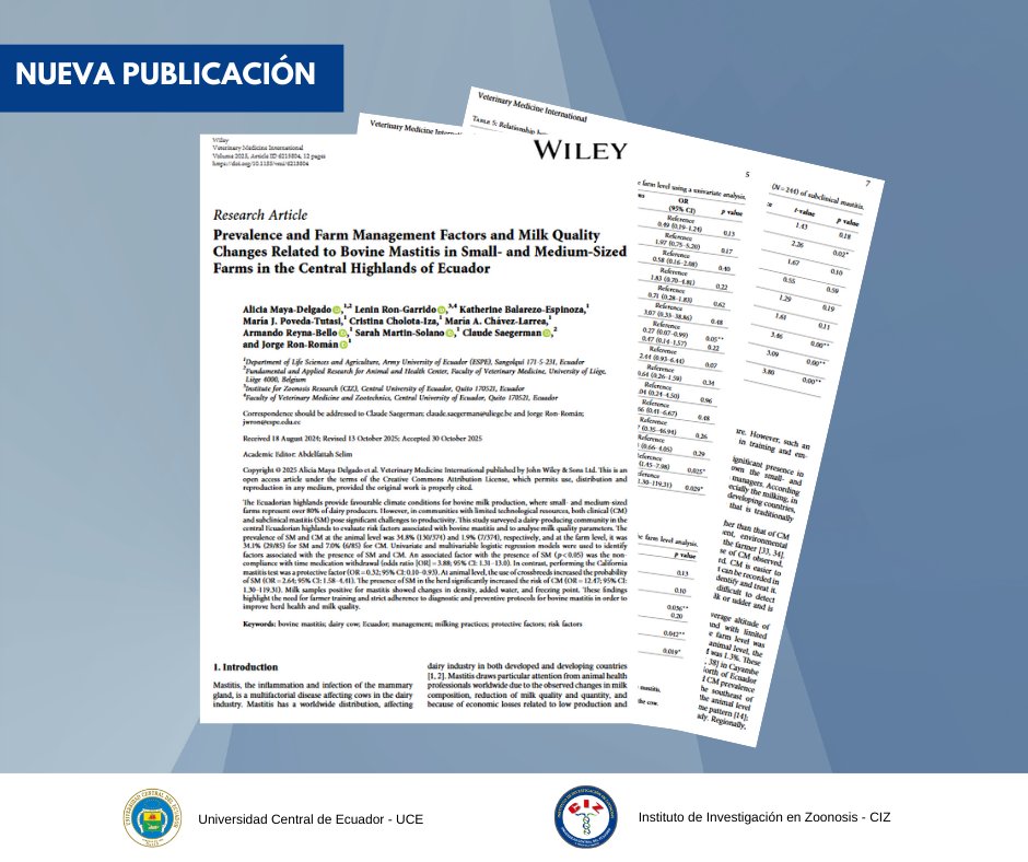 📢 Nueva publicación científica del CIZ – 2026

En el artículo analizamos la mastitis bovina, los factores de manejo asociados y su impacto en la calidad de la leche en la Sierra central del Ecuador.

👉 Lee la publicación completa 
doi.org/10.1155/vmi/62…

#SomosCIZ #CIZ2026