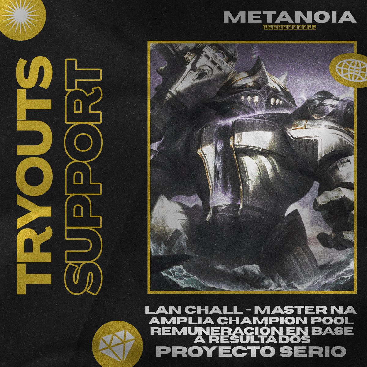 GoMetanoia's tweet photo. METANOIA Esta en busqueda de Support 🏛️
Elo requerido: Challenger LAN – Master NA  

🔍 Requisitos:  
- Mentalidad profesional 🧠  
- Amplia champion pool  ⚔️  
- Disponibilidad por las noches después de las 7pm MX 🌆  

🎁 Ofrecemos:  
- Remuneración con base en resultados y/o desempeño 💰  
- Visibilidad dentro de la organización 👀  
- Proyecto serio y competitivo 🚀  

Interesados, favor de comunicarse al DM. 📩