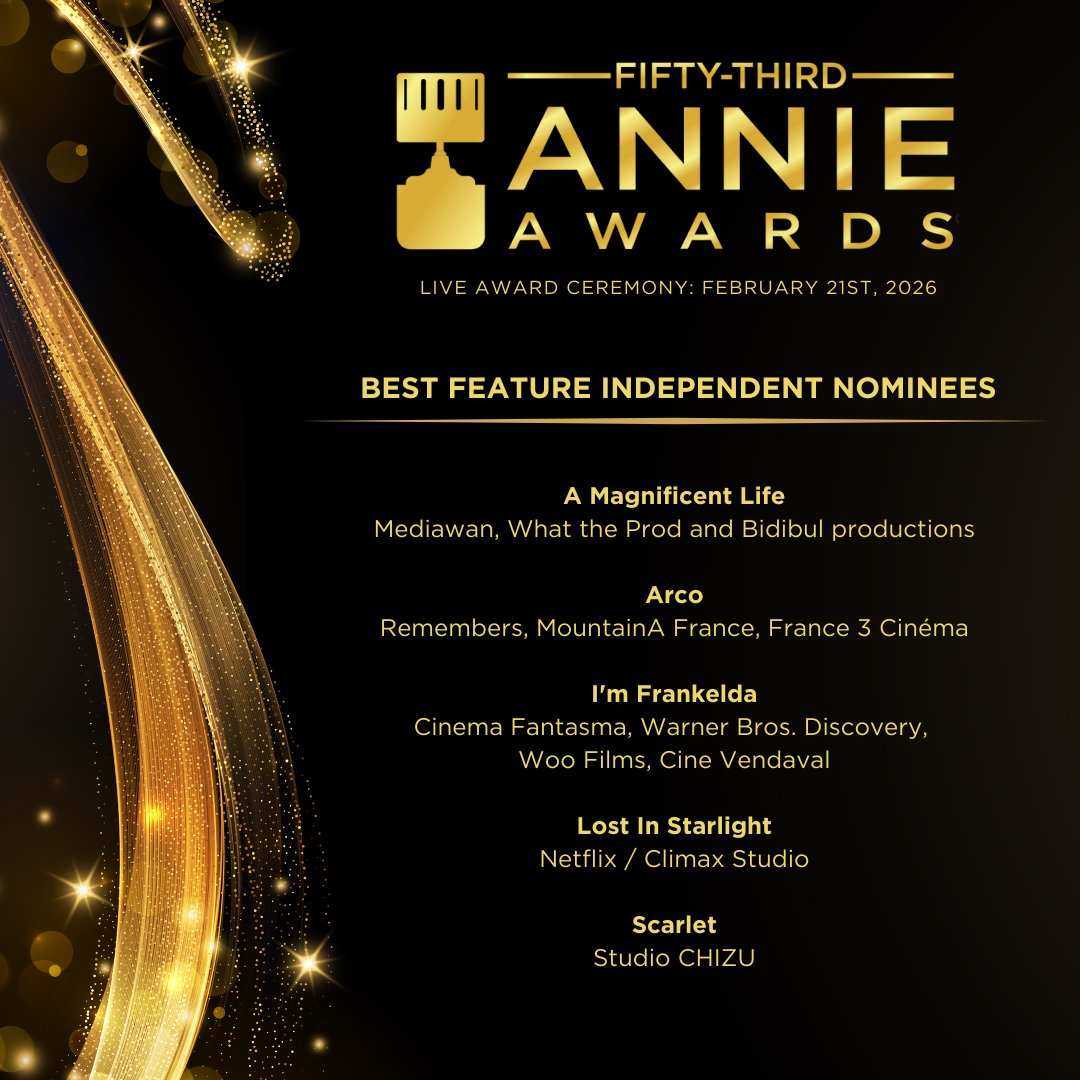 Congratulations to the 53rd Annie Awards Nominees for Best Feature - Independent!

To learn more, visit annieawards.org

#annieawards #53rdannieawards