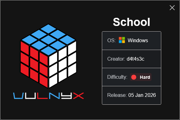 vulnyxofficial's tweet photo. New VM | School by d4t4s3c
π (https://t.co/B8MK7Spq1M)
#vulnyx #nyx #windows #ctf #pentesting #cybersecurity #infosec #hacking #redteam #informationsecurity #networksecurity #boot2root https://t.co/NIb2Tp2O2m