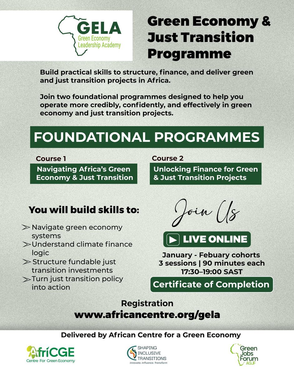 africge's tweet photo. Kicking off the year by empowering professionals working on Africa’s green economy and just transition.
GELA | February programmes
5–6 Feb &amp; 19–20 Feb
https://t.co/802CZmyk4m https://t.co/EQ2pNGEPIk