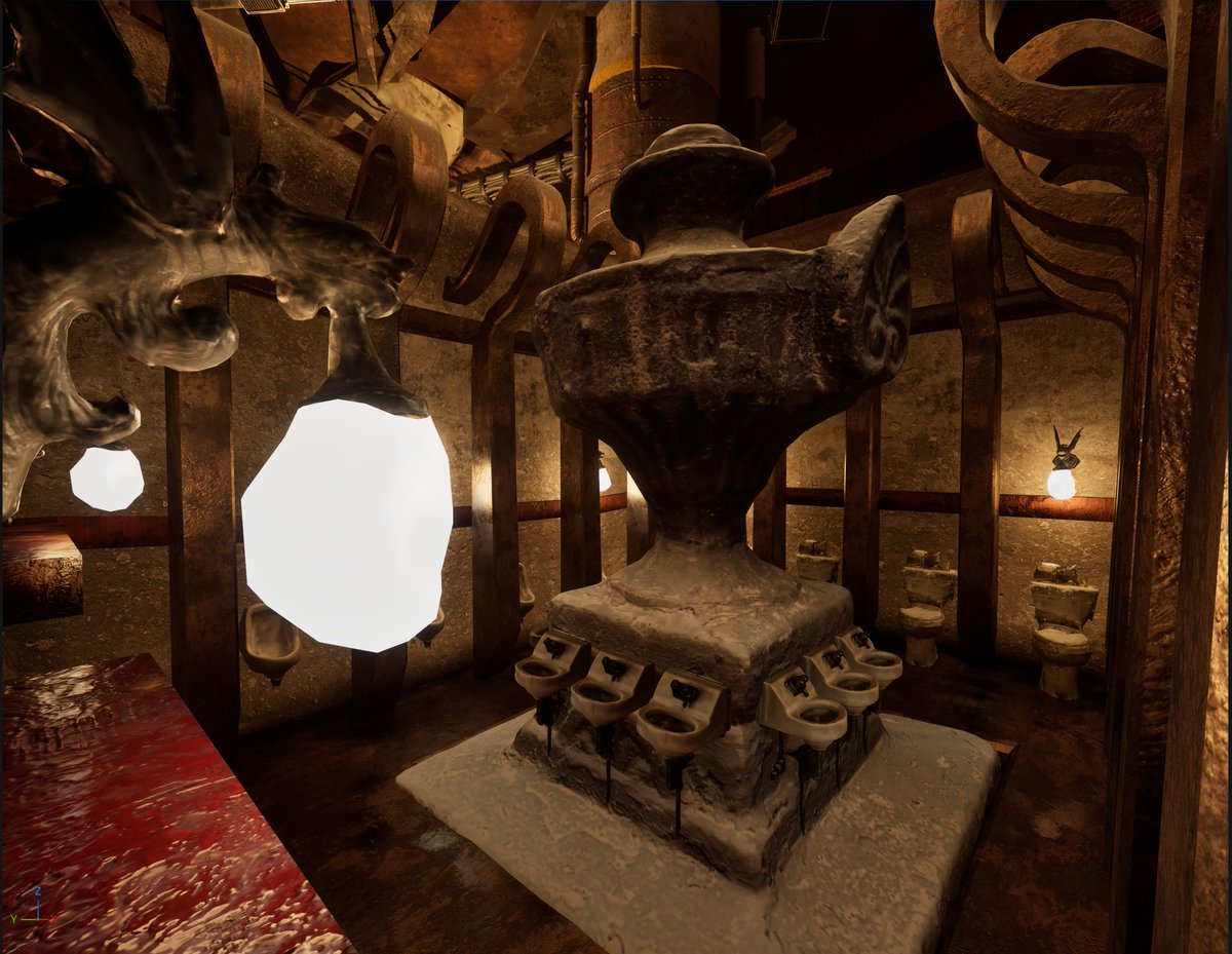 The bathroom is really hitting my highest hopes for blending poor 3D scans with modeled environments. 

Scans of wall sconces, sinks, toilets, and urinals and a center scan I took of a fence post outside a brownstone scaled up. 

#b3d #gamedev #UE5