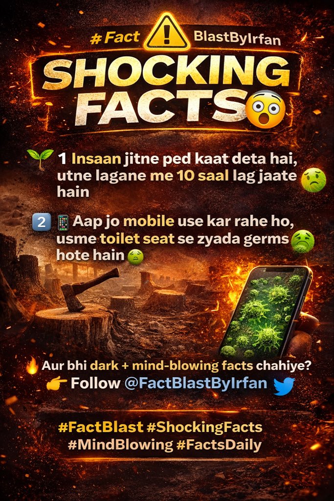 fixwithirfan's tweet image. 🌱 SHOCKING FACTS 😱
Insaan jitne ped kaat deta hai,
utne lagane me 10 saal lag jaate hain 😨
📱 Aap jo mobile use kar rahe ho,
usme toilet seat se zyada germs hote hain 🤢
🔥 Aur bhi dark + mind-blowing facts chahiye?
👉 Follow @FactBlastByIrfan
#FactBlast #ShockingFacts #viral
