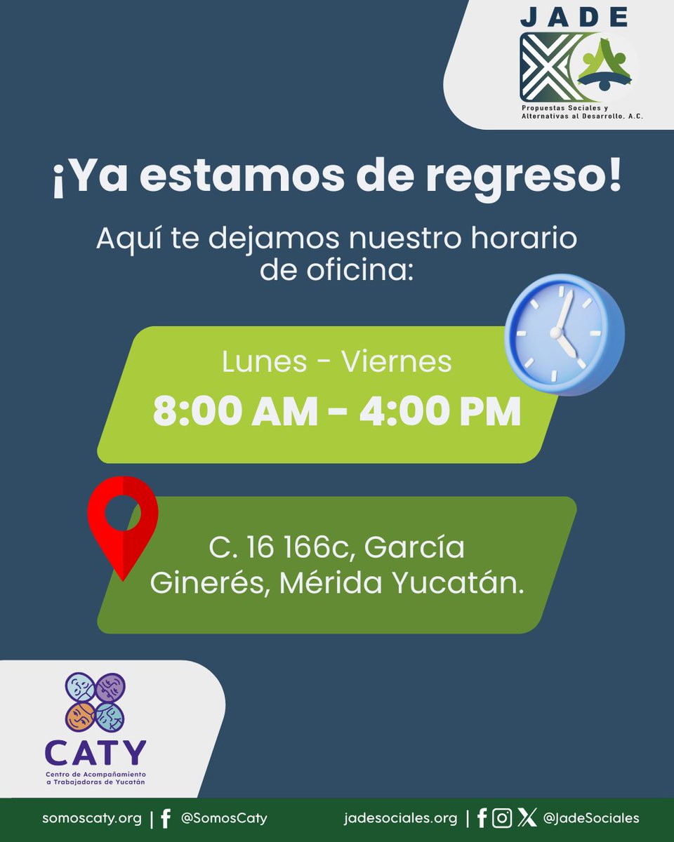 ¡Ya estamos de regreso! 🙌
Retomamos actividades, te dejamos nuestro horario habitual de oficina.
Si tienes dudas o necesitas asesoría acerca de tus derechos laborales, ¡no dudes en contactarnos!
#JadeSociales #CATY #DerechosLaborales #Acompañamiento #MéridaYucatán #TrabajoDigno