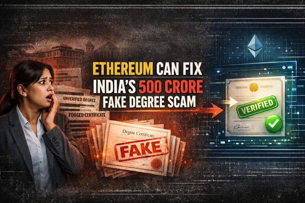 BeyondFiatPonzi's tweet photo. Ethereum can fix India's 500 crore fake degree problem.

India produces 1crore graduates every year.

Last year: Bihar teacher recruitment scam. Thousands of fake certificates.
One "renowned" university caught selling 36,000 fake degrees. 

500+ crores in fraudulent credentials. https://t.co/9AZYFmoPdJ